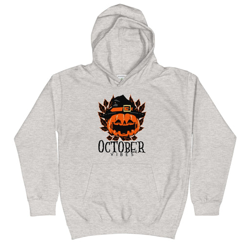 October Vibes, Jack-O'-Lantern Halloween Kids Unisex Heather Grey Hoodie