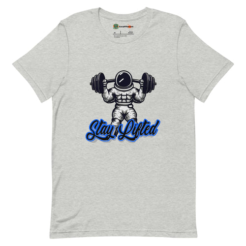 Stay Lifted, Weight Lifting Astronaut, Blue Text Adults Unisex Athletic Heather T-Shirt