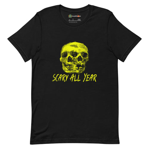 Scary All Year, Creepy Skulls Halloween Adults Unisex Black T-Shirt