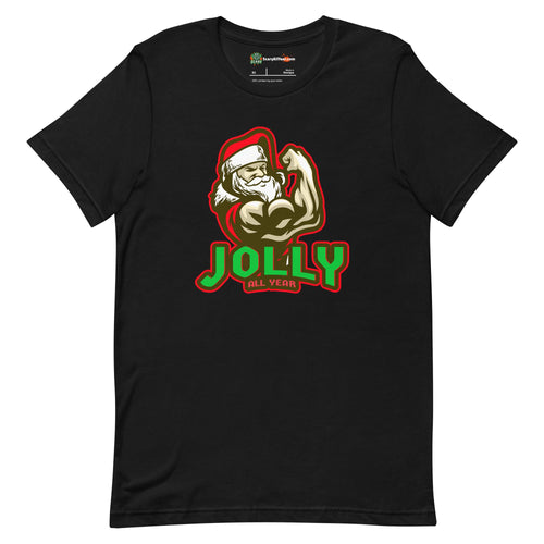 Jolly All Year, Muscular Santa Claus, Christmas Adults Unisex Black T-Shirt