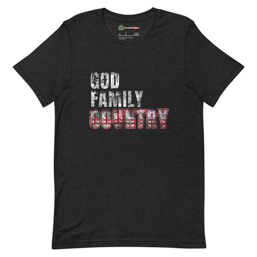 God Family Country, Religious Patriotic Adults Unisex Black Heather T-Shirt