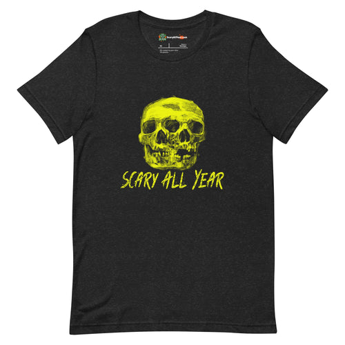 Scary All Year, Creepy Skulls Halloween Adults Unisex Black Heather T-Shirt