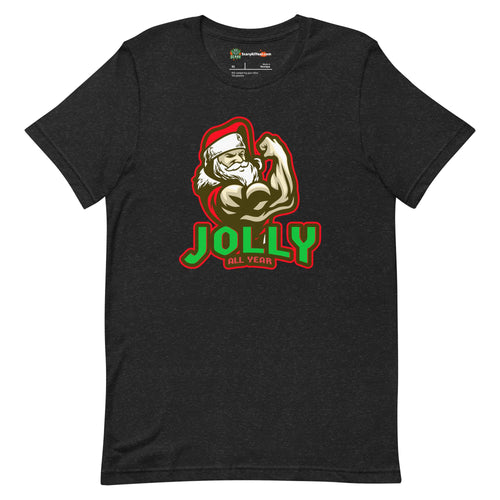 Jolly All Year, Muscular Santa Claus, Christmas Adults Unisex Black Heather T-Shirt