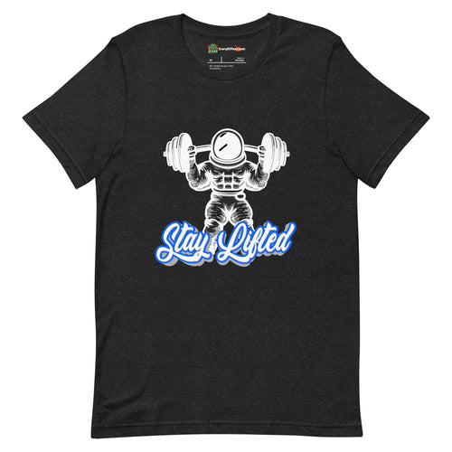 Stay Lifted, Weight Lifting Astronaut, Blue Text Adults Unisex Black Heather T-Shirt