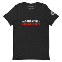 Load image into Gallery viewer, I&#39;m $999,999,999 Away From Making A Billion, Red Text Adults Unisex Black Heather T-Shirt

