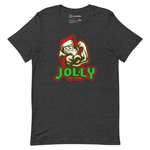 Jolly All Year, Muscular Santa Claus, Christmas Adults Unisex Dark Grey Heather T-Shirt