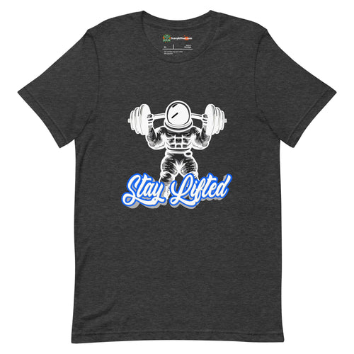 Stay Lifted, Weight Lifting Astronaut, Blue Text Adults Unisex Dark Grey Heather T-Shirt