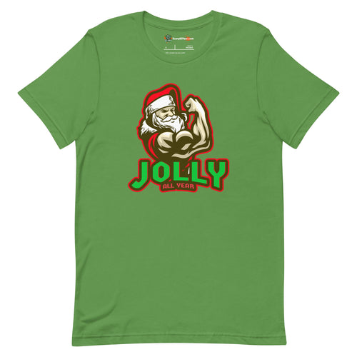 Jolly All Year, Muscular Santa Claus, Christmas Adults Unisex Leaf T-Shirt