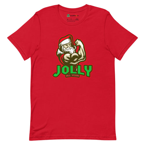 Jolly All Year, Muscular Santa Claus, Christmas Adults Unisex Red T-Shirt