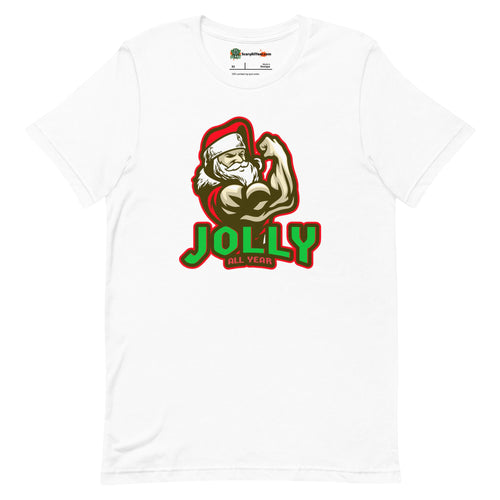 Jolly All Year, Muscular Santa Claus, Christmas Adults Unisex White T-Shirt