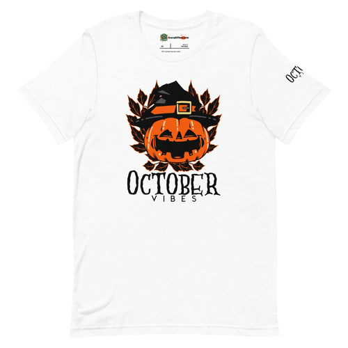 October Vibes, Jack-O'-Lantern Halloween Adults Unisex White T-Shirt