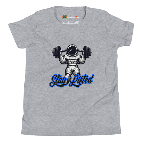 Stay Lifted, Weight Lifting Astronaut, Blue Text Kids Unisex Athletic Heather T-Shirt