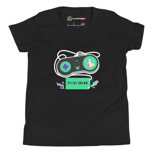 Press Start, Super Retro Gaming Controller Design Kids Unisex Black T-Shirt