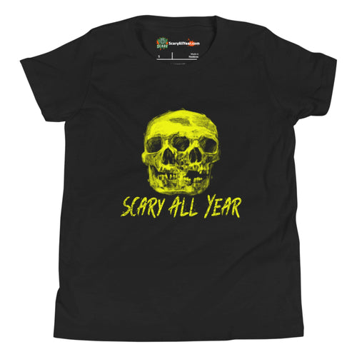 Scary All Year, Creepy Skulls Halloween Kids Unisex Black T-Shirt