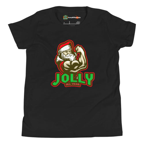 Jolly All Year, Muscular Santa Claus, Christmas Kids Unisex Black T-Shirt