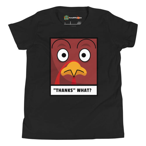 Thanks WHAT? Funny Worried Turkey Thanksgiving Kids Unisex Black T-Shirt
