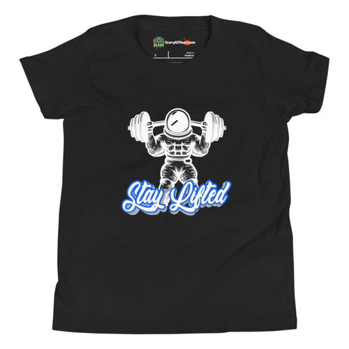 Stay Lifted, Weight Lifting Astronaut, Blue Text Kids Unisex Black T-Shirt