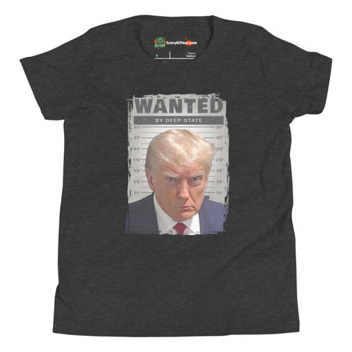 Donald Trump Mugshot Wanted By Deep State Kids Unisex Dark Grey Heather T-Shirt