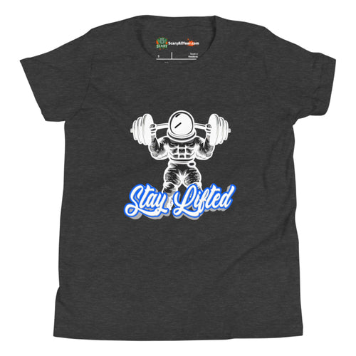 Stay Lifted, Weight Lifting Astronaut, Blue Text Kids Unisex Dark Grey Heather T-Shirt