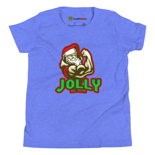 Jolly All Year, Muscular Santa Claus, Christmas Kids Unisex Heather Columbia Blue T-Shirt