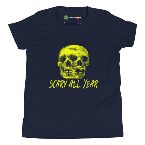 Scary All Year, Creepy Skulls Halloween Kids Unisex Navy T-Shirt