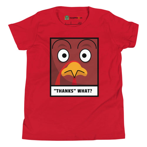 Thanks WHAT? Funny Worried Turkey Thanksgiving Kids Unisex Red T-Shirt