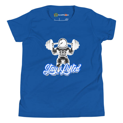 Stay Lifted, Weight Lifting Astronaut, Blue Text Kids Unisex True Royal T-Shirt