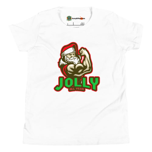 Jolly All Year, Muscular Santa Claus, Christmas Kids Unisex White T-Shirt