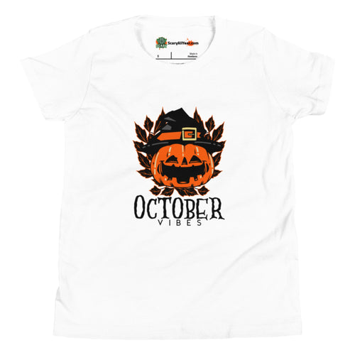 October Vibes, Jack-O'-Lantern Halloween Kids Unisex White T-Shirt