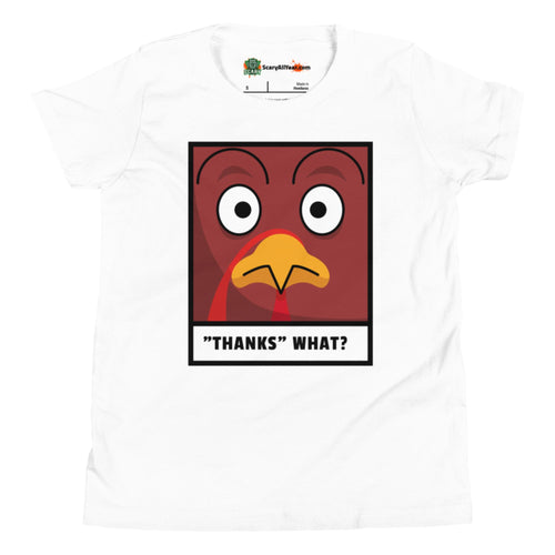 Thanks WHAT? Funny Worried Turkey Thanksgiving Kids Unisex White T-Shirt