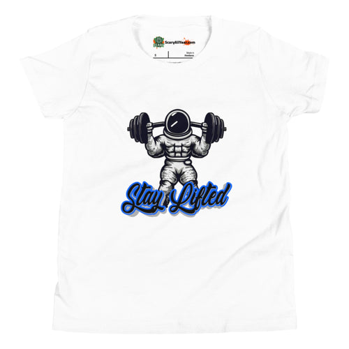 Stay Lifted, Weight Lifting Astronaut, Blue Text Kids Unisex White T-Shirt